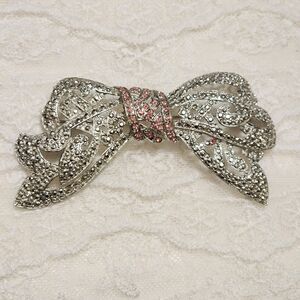 Vintage Bow Brooch Pin Silver Tone Marcasite with Pink Rhinestones